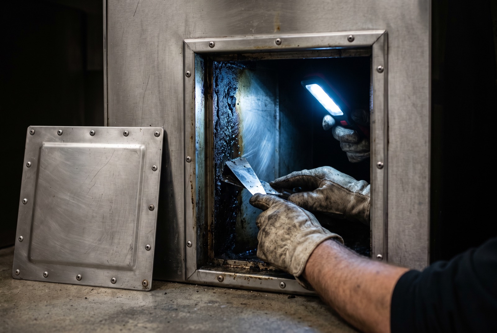 Gloved hands reach through an opened access panel into a grease-lined exhaust duct, holding a scraper and a work light.