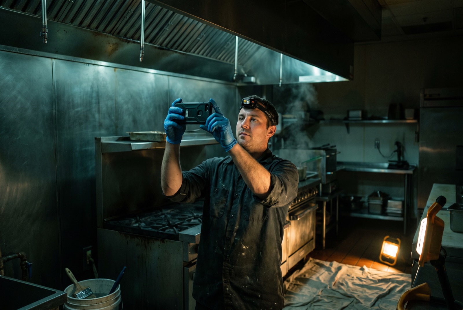 A technician photographs the inside of a commercial exhaust hood at night, lit by a headlamp and a portable work light.