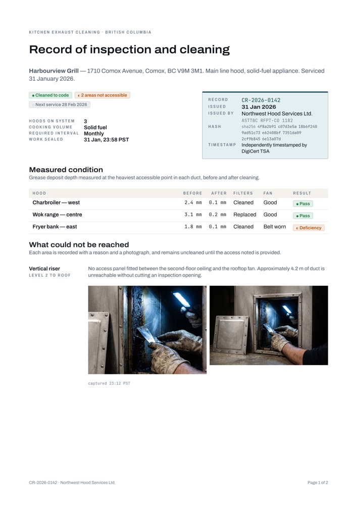 Page one of a Provev compliance record: the masthead, the verification seal with record number and content hash, a table of grease depth readings per hood, and two photographs of an inaccessible duct riser.